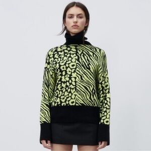 Zara Green and Black Statement Turtleneck Sweater Size Small